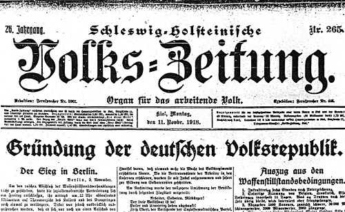 Abbildung 4: Schleswig-Holsteinische Volks=Zeitung 11. November 1918, (Titelseite, Ausriss), 30. Oktober 2018